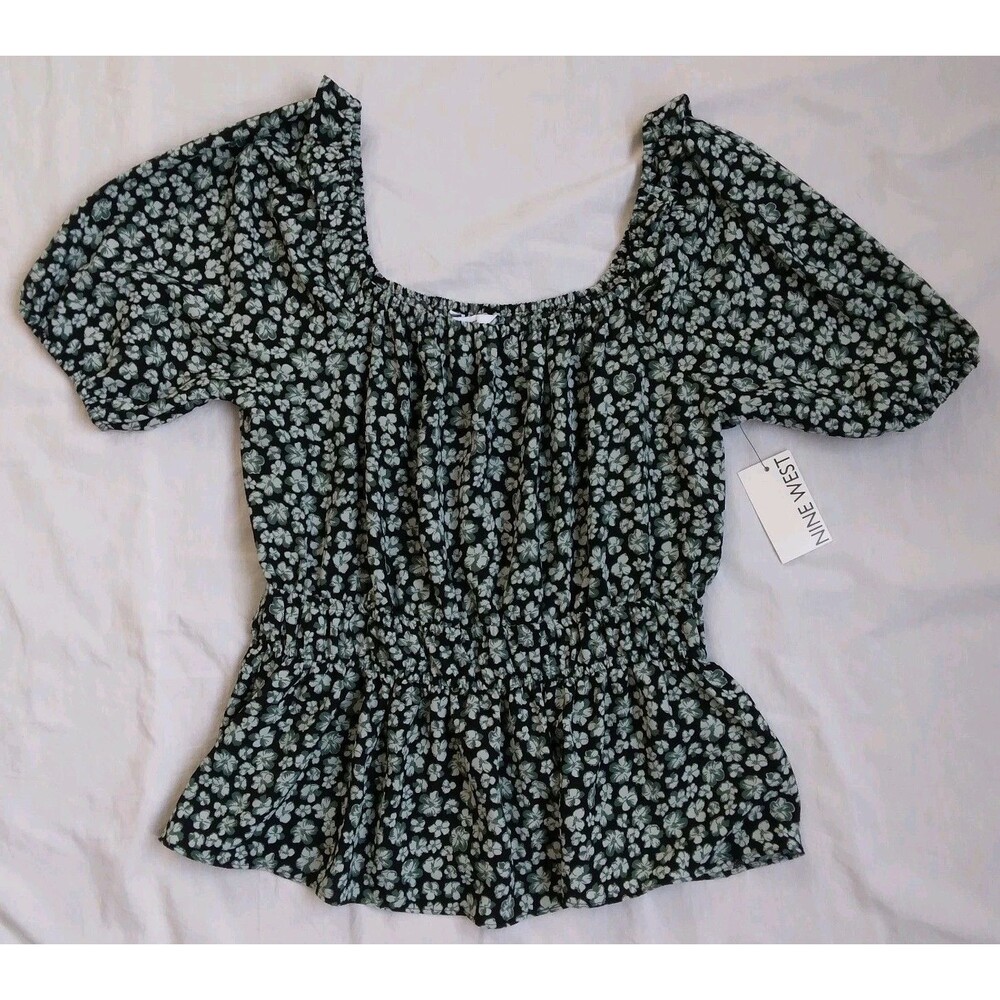 NWT Nine West Square Neck Peplum Blouse Green Floral Print Short Sleeve Medium